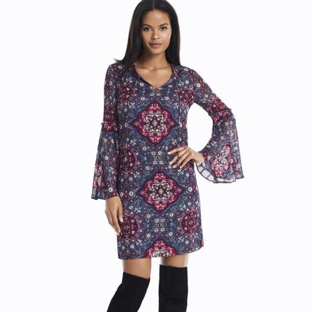 WHITE HOUSE BLACK MARKET China Blue/Red Plum Long Bell Sleeve BOHO Dress Sz S